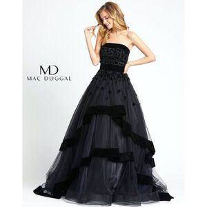 Mac Duggal velvet trim black  floral applique ball gown dress size 14